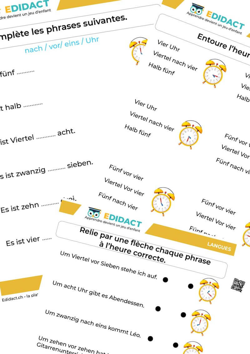 Fiche d'exercice sur l'heure en allemand PDF à imprimer - horloges muettes à compléter pour enfants